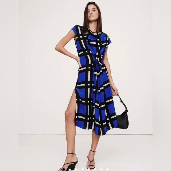 Banana Republic Matte 100% Silk Cowl Neck Geometric Window-Pane Midi Dress Artsy